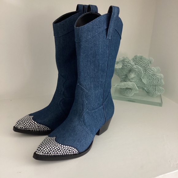 Karl Lagerfeld Cowboy very Taylor Swift Denim Boots Crystal Embellishment - Picture 5 of 9